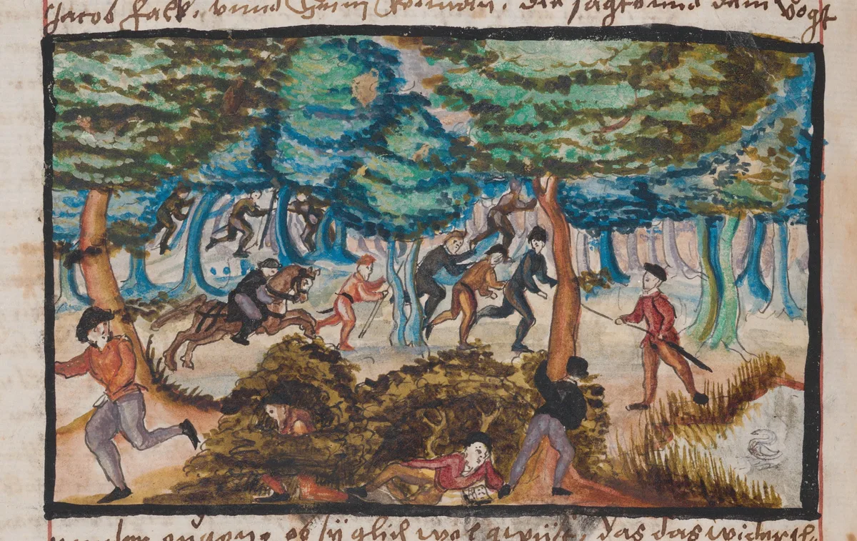 Jagd auf die Täufer, Zeichnung aus der Reformationschronik von Bullinger.